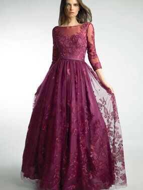 D9258L Three Quarter Sleeve Evening Dress - Burgundy